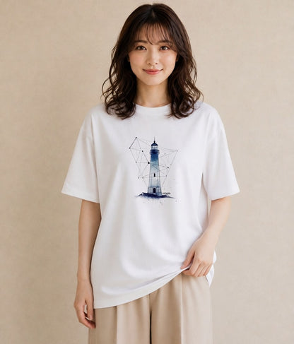 Tシャツ レディース 灯台 霧 海 ナチュラル アンティーク イラスト ラフカジュアル カフェ巡り 女子会 白T