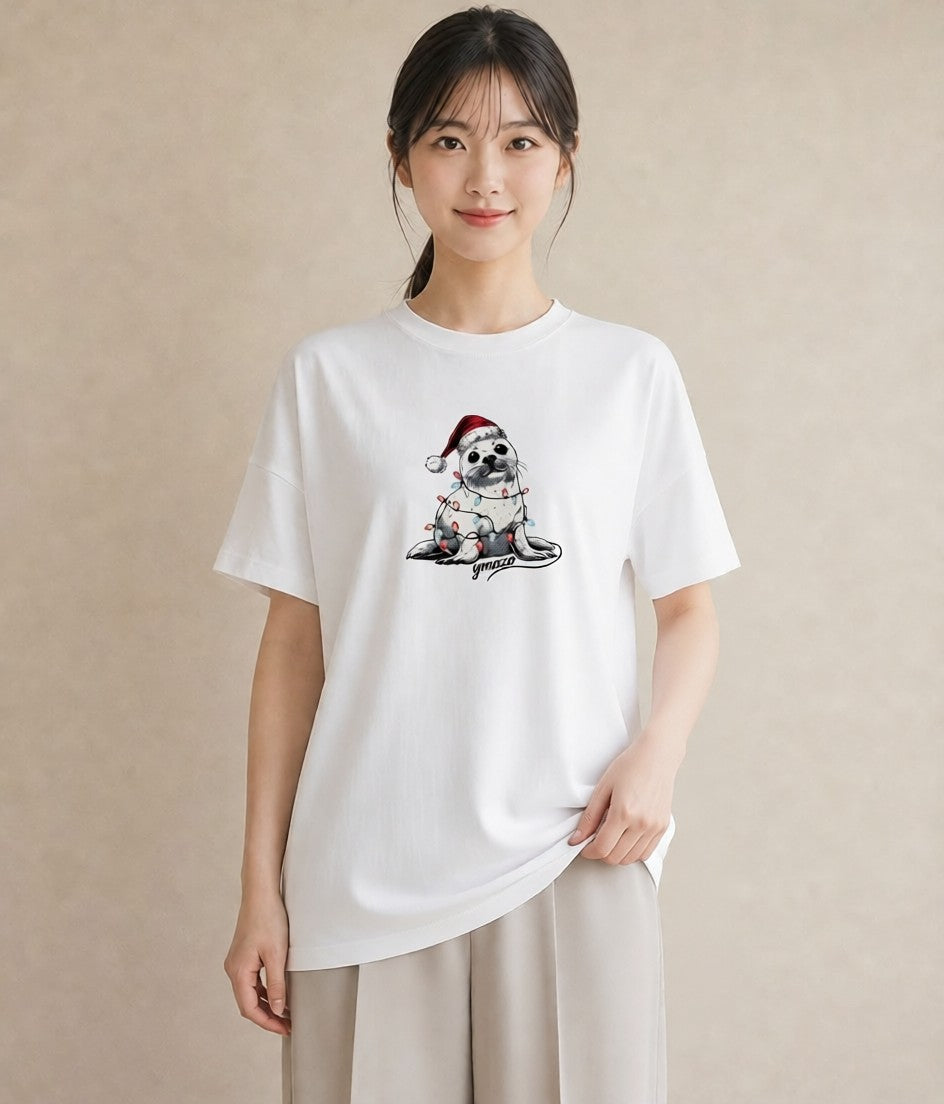 Tシャツ レディース ゴマフアザラシ 動物 アニマル イラスト シンプル デイリーウェア 休日 白T