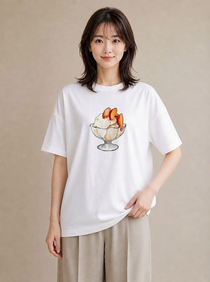 デザインTシャツ レディース もも 食べ物 フード イラスト ヴィンテージ風 休日 ペアコーデ 白T