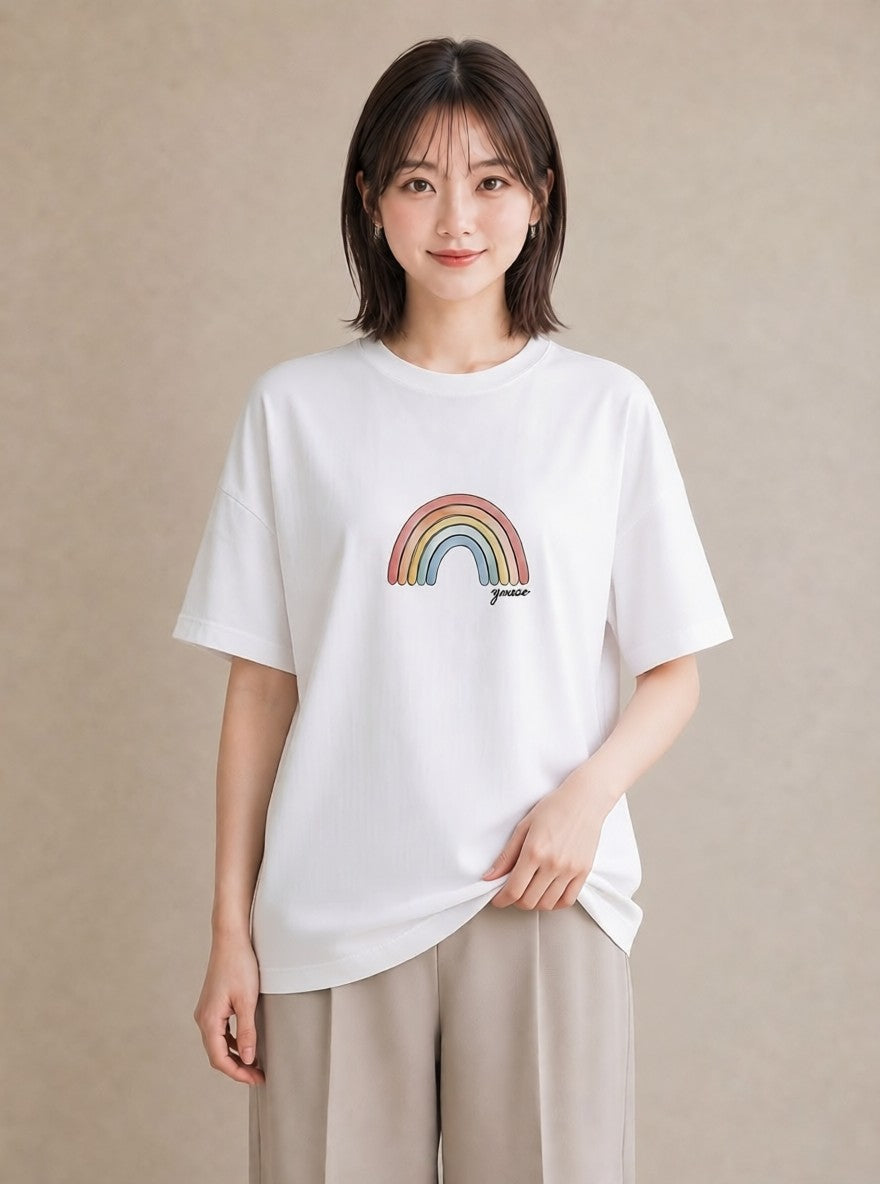 半袖Tシャツ レディース 虹 星空 宇宙 イラスト 手描き風 友達ギフト 部屋着 白T