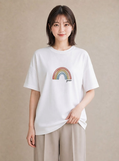 半袖Tシャツ レディース 虹 星空 宇宙 イラスト 手描き風 友達ギフト 部屋着 白T