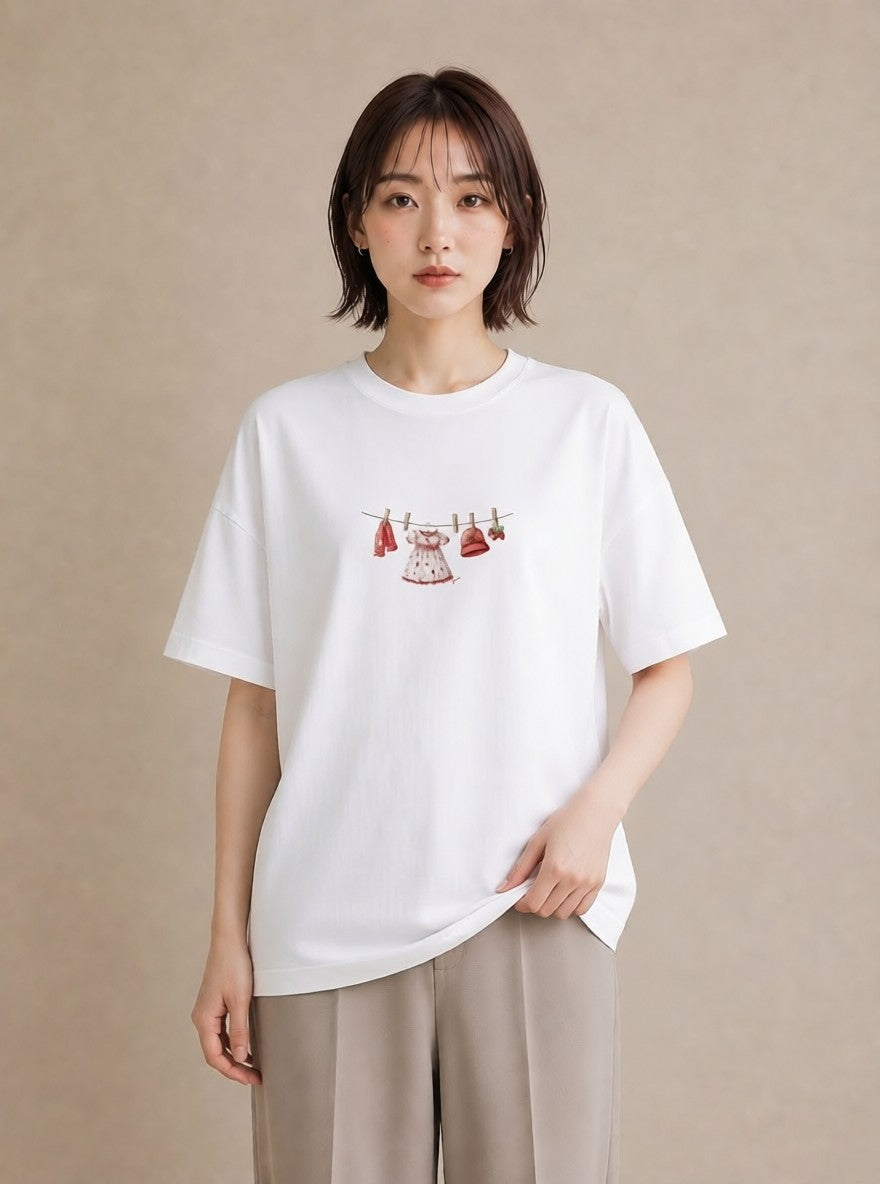 半袖Tシャツ レディース 洗濯物 風 ナチュラル アンティーク イラスト 抜け感 友達ギフト 部屋着 白T