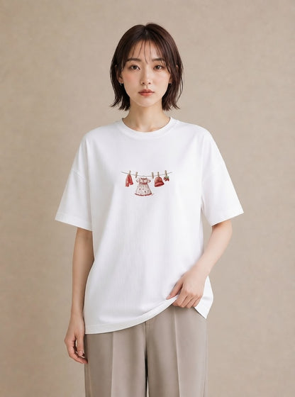 半袖Tシャツ レディース 洗濯物 風 ナチュラル アンティーク イラスト 抜け感 友達ギフト 部屋着 白T
