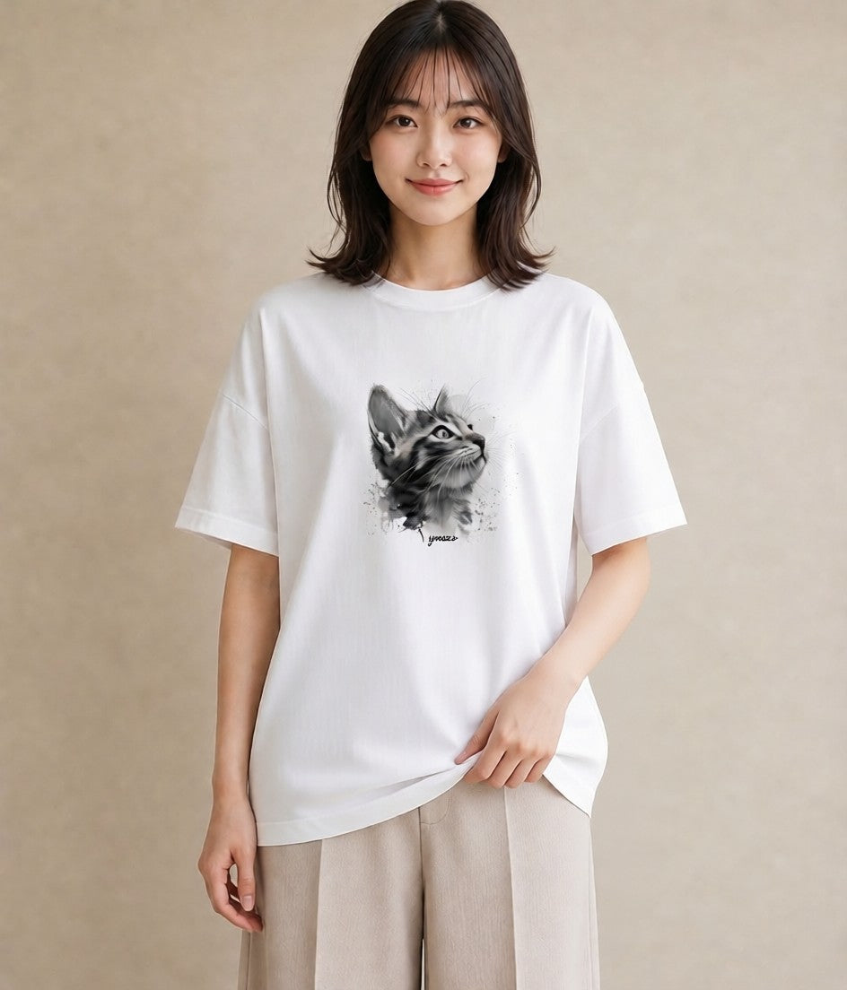 プリントTシャツ レディース 三毛猫 みけねこ 三毛 猫 ねこ イラスト 個性的 ミセス 春コーデ 白T
