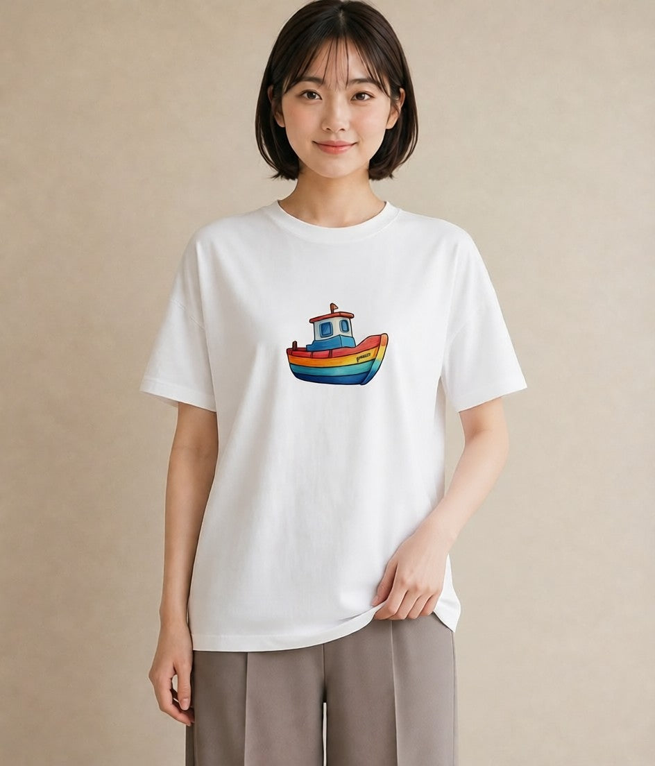 Tシャツ レディース 紙の船 水辺 ナチュラル アンティーク イラスト ポップ 週末コーデ 敬老の日 白T