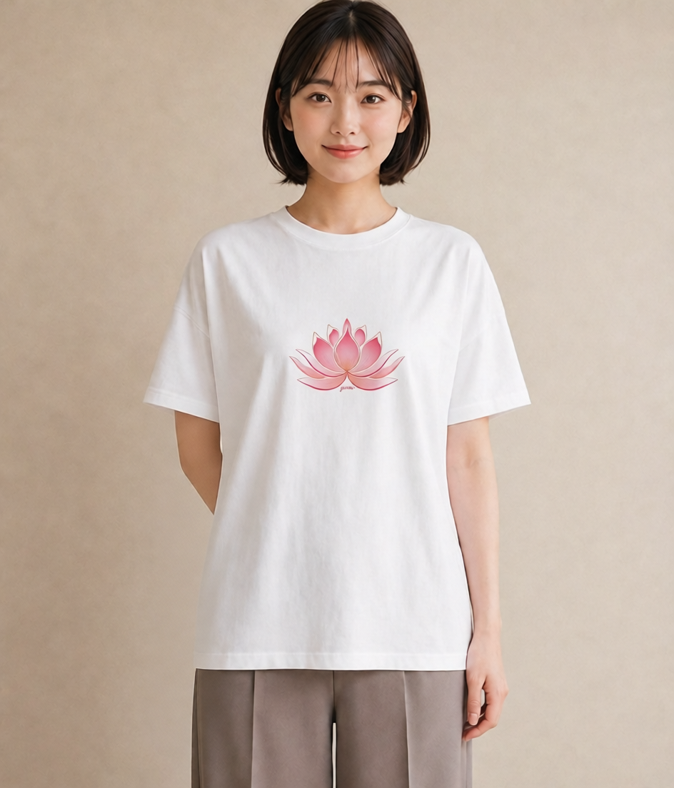グラフィックTシャツ レディース 蓮 花 花柄 イラスト モード 休日 ペアコーデ 白T