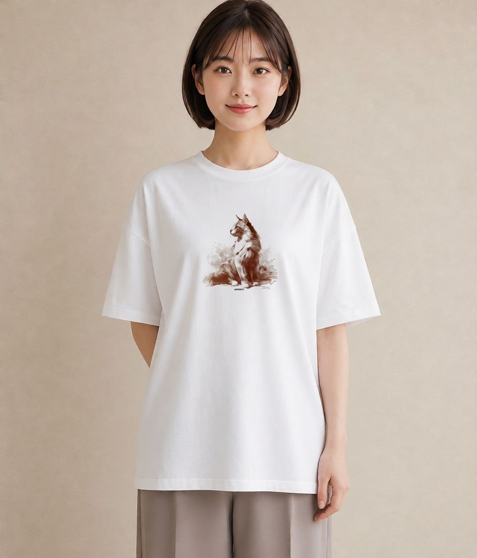 デザインTシャツ レディース 猫 ねこ イラスト 抜け感 通勤 在宅 白T