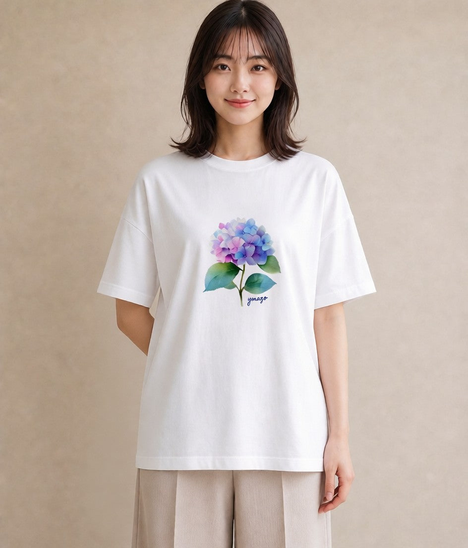Tシャツ レディース あじさい 紫陽花 アジサイ 花 花柄 イラスト アート風 デイリーウェア 休日 白T
