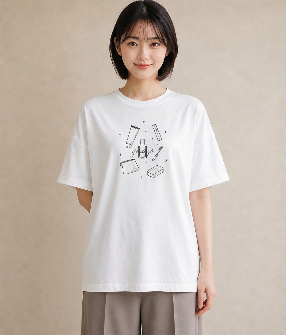 グラフィックTシャツ レディース パールピアス アクセサリー ナチュラル アンティーク イラスト 淡色 ミセス 春コーデ 白T