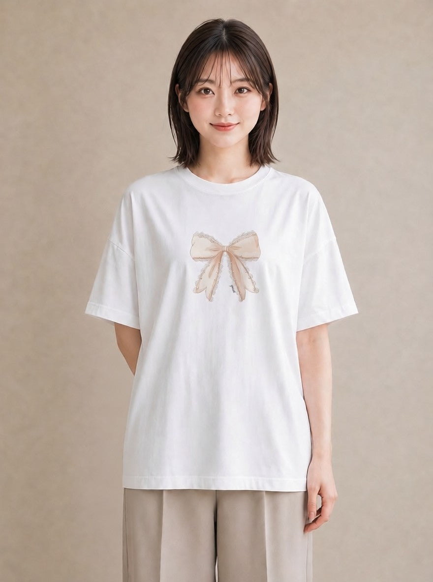 デザインTシャツ レディース レースハンカチ レース ハンカチ ナチュラル アンティーク イラスト 韓国風 自分用 ルームウェア 白T