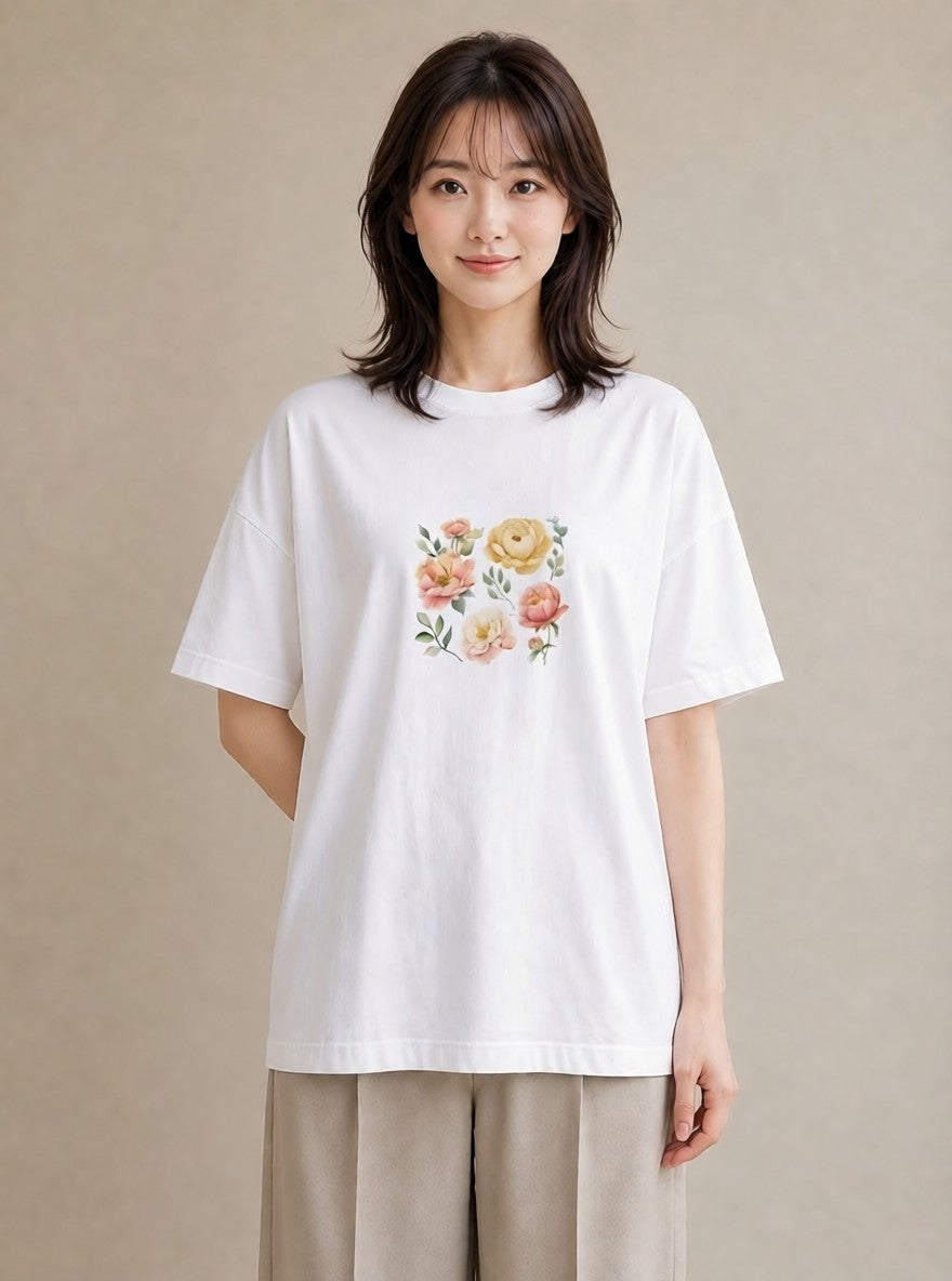 プリントTシャツ レディース 椿 花 花柄 イラスト 淡色 デイリーウェア 休日 白T