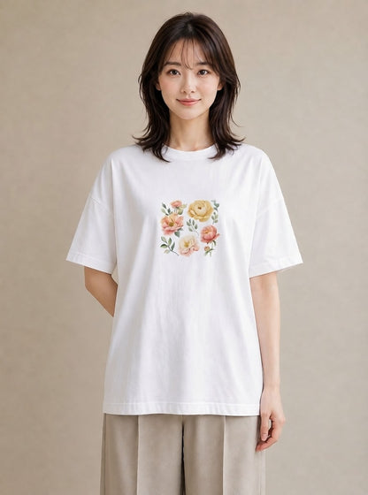 プリントTシャツ レディース 椿 花 花柄 イラスト 淡色 デイリーウェア 休日 白T