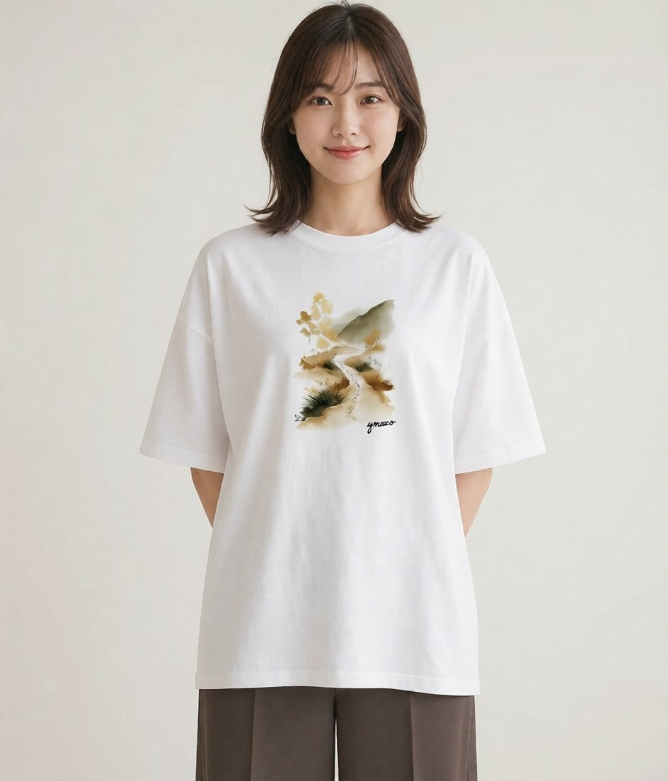 Tシャツ レディース 小川 橋 せせらぎ ナチュラル アンティーク イラスト きれいめカジュアル 部屋着 女性向けギフト 白T