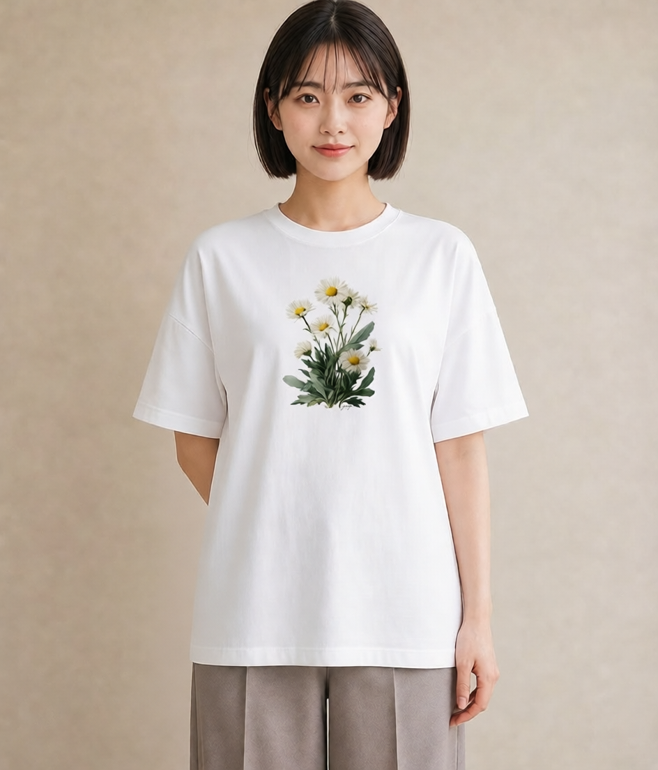 半袖Tシャツ レディース デイジー 花 花柄 イラスト シック 海 カフェ巡り 白T