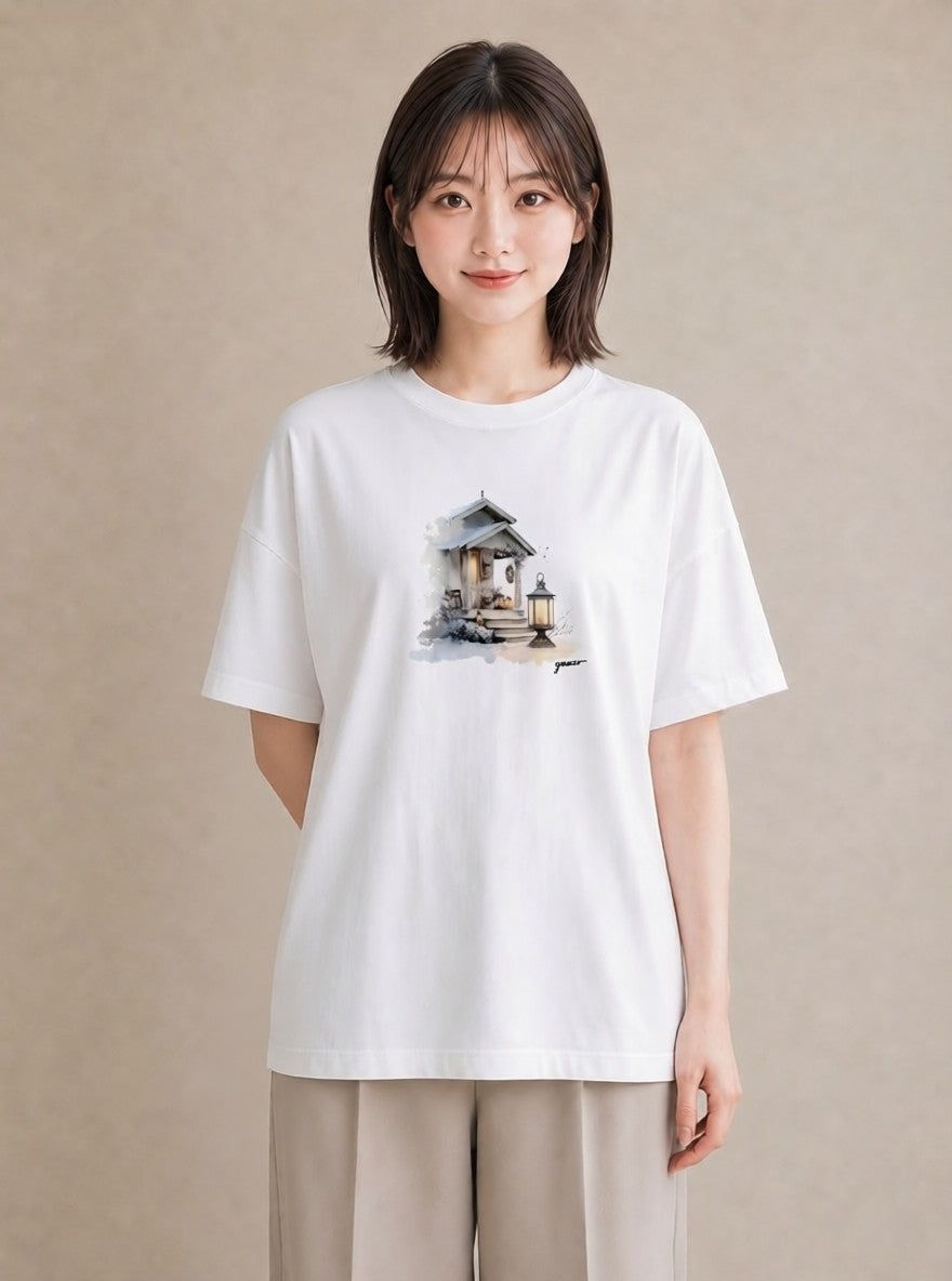 Tシャツ レディース 灯りの家 小屋 夜 ナチュラル アンティーク イラスト 可愛い 夏コーデ 通学 白T