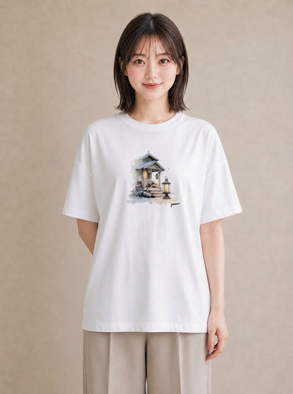 Tシャツ レディース 灯りの家 小屋 夜 ナチュラル アンティーク イラスト 可愛い 夏コーデ 通学 白T