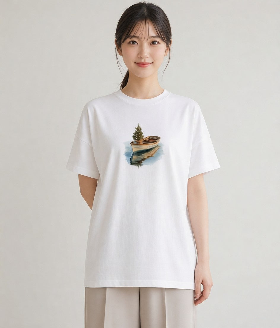 デザインTシャツ レディース 桟橋 水辺 波止場 ナチュラル アンティーク イラスト お洒落 春服 ミセス 白T