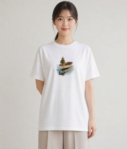 デザインTシャツ レディース 桟橋 水辺 波止場 ナチュラル アンティーク イラスト お洒落 春服 ミセス 白T