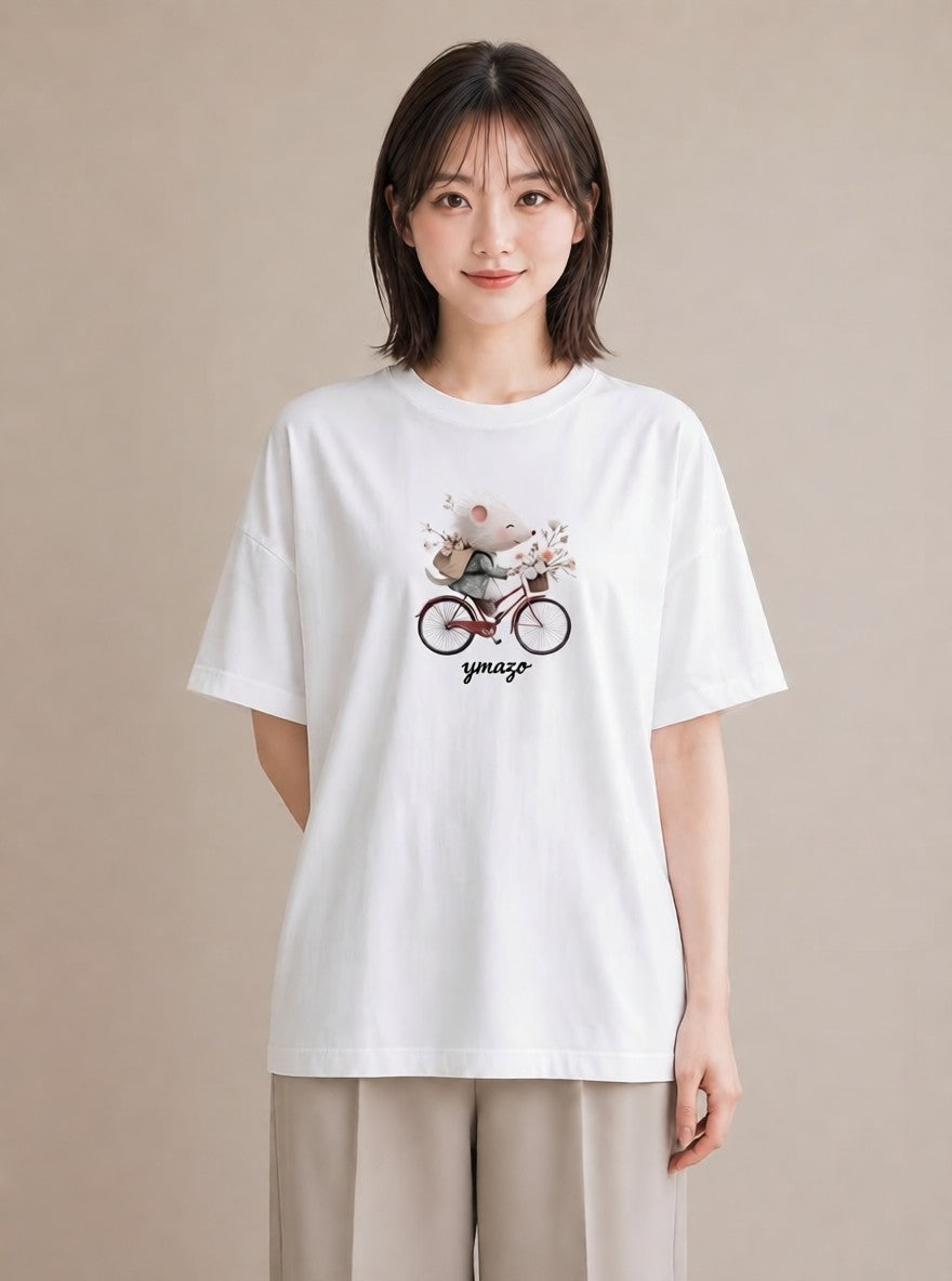 半袖Tシャツ レディース 自転車のかご 自転車 花かご ナチュラル アンティーク イラスト 韓国風 公園 ママ 白T