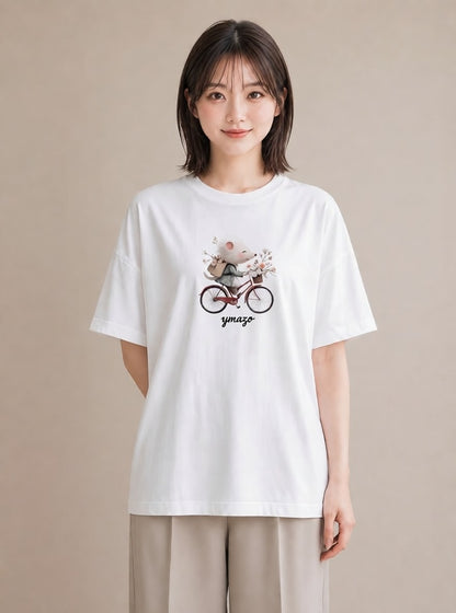 半袖Tシャツ レディース 自転車のかご 自転車 花かご ナチュラル アンティーク イラスト 韓国風 公園 ママ 白T