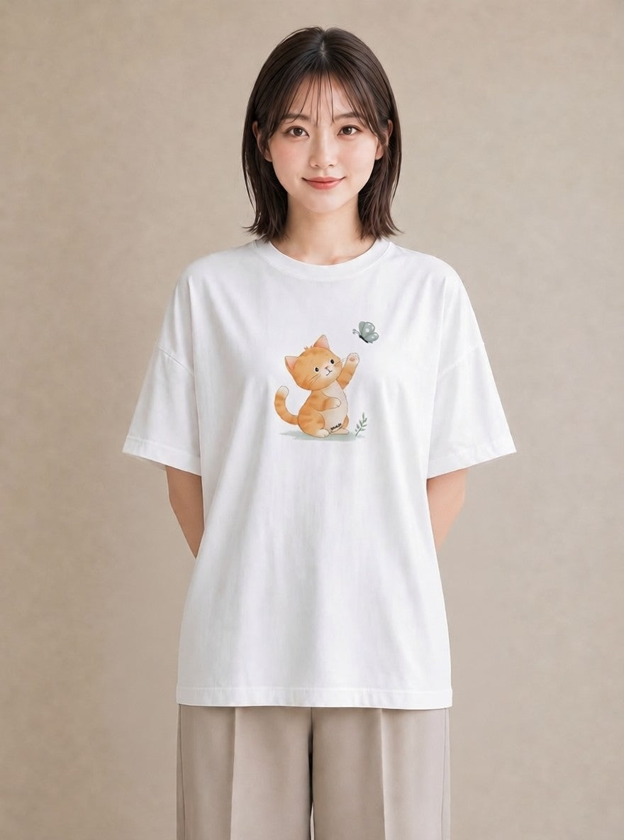プリントTシャツ レディース 茶トラ 茶猫 猫 ねこ イラスト ラフカジュアル 友達ギフト 部屋着 白T