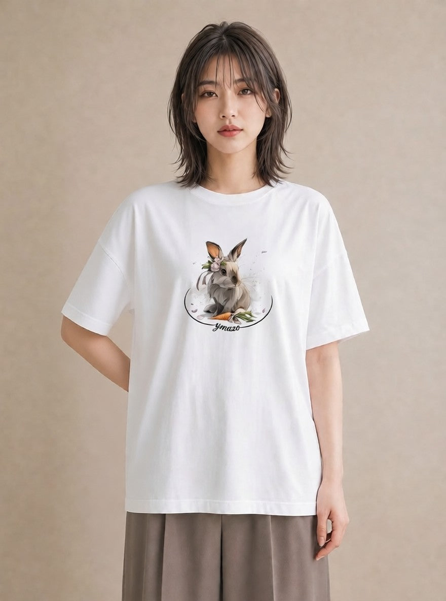 プリントTシャツ レディース うさぎ ウサギ ラビット ペット 動物 イラスト 韓国風 春服 ミセス 白T