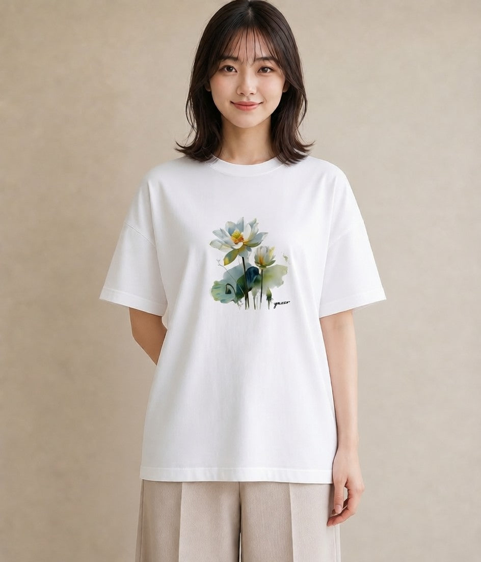 半袖Tシャツ レディース 蓮 花 花柄 イラスト 普段使い ホワイトデー 春服 白T