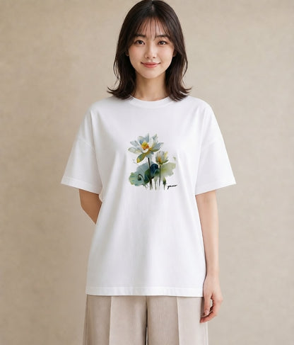 半袖Tシャツ レディース 蓮 花 花柄 イラスト 普段使い ホワイトデー 春服 白T