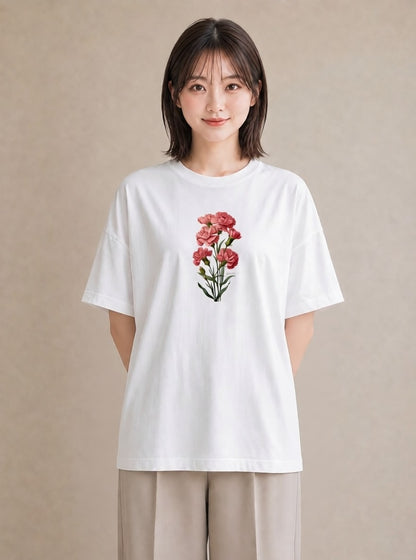 デザインTシャツ レディース カーネーション 花 花柄 イラスト 休日コーデ 春服 ミセス 白T
