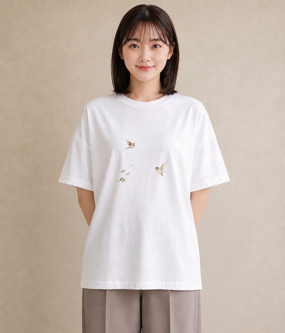 プリントTシャツ レディース 遠い家と鳥 風景 鳥 ナチュラル アンティーク イラスト ゆるコーデ 夏コーデ 通学 白T