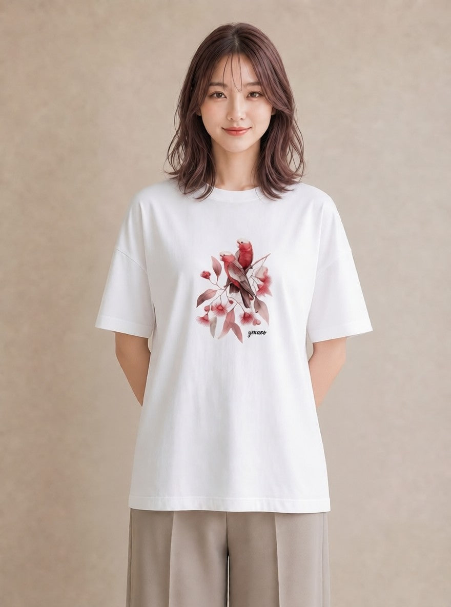 グラフィックTシャツ レディース ボタンインコ ペット 動物 イラスト 線画 母娘コーデ 自分用 白T