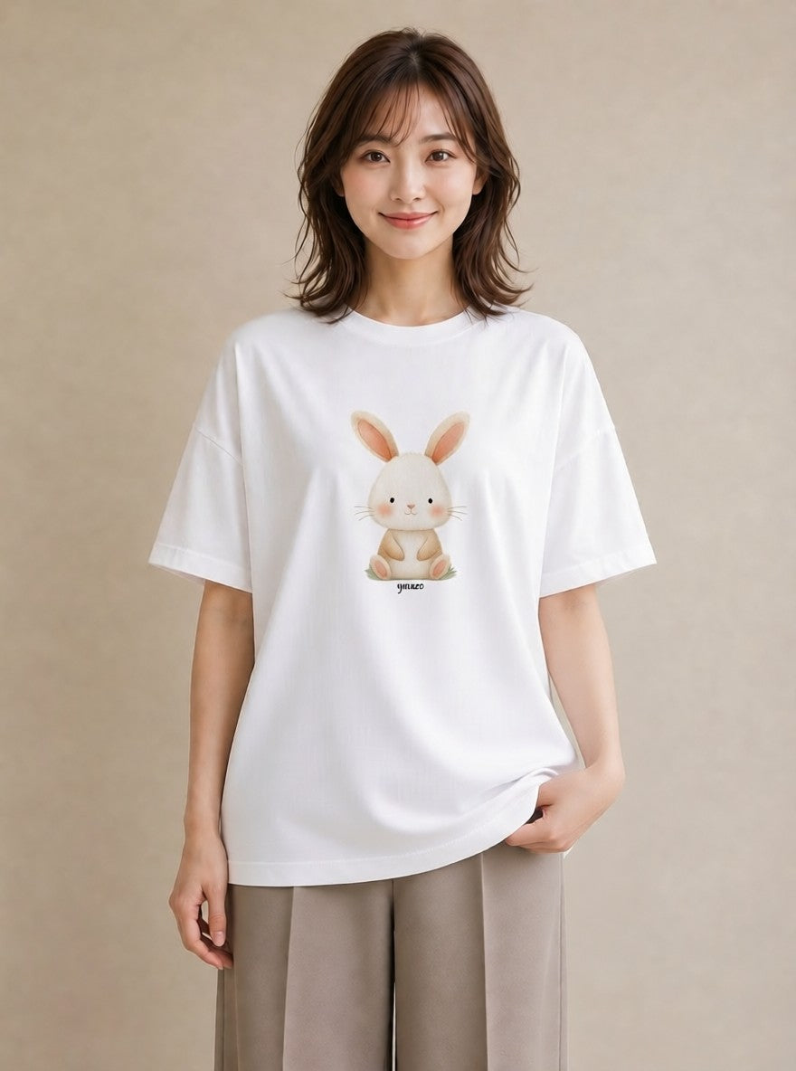 半袖Tシャツ レディース うさぎ ウサギ ラビット ペット 動物 イラスト 上品 女子会 お揃い 白T