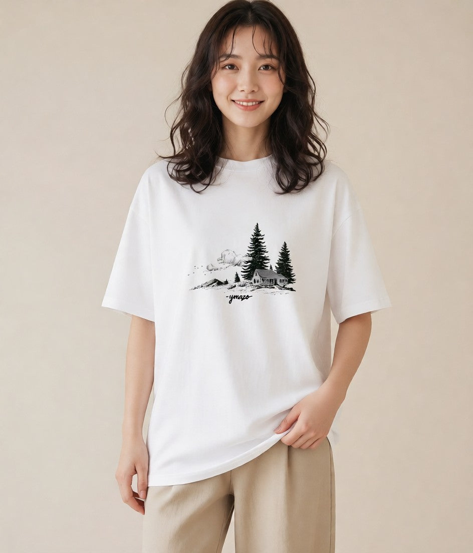 プリントTシャツ レディース 湖畔の小屋 湖 小屋 ナチュラル アンティーク イラスト きれいめカジュアル 敬老の日 ホワイトデー 白T