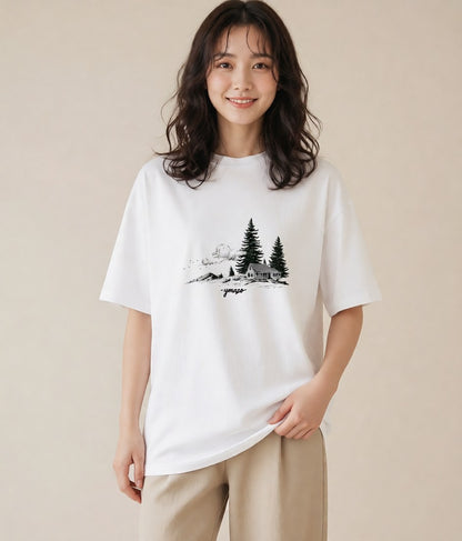 プリントTシャツ レディース 湖畔の小屋 湖 小屋 ナチュラル アンティーク イラスト きれいめカジュアル 敬老の日 ホワイトデー 白T
