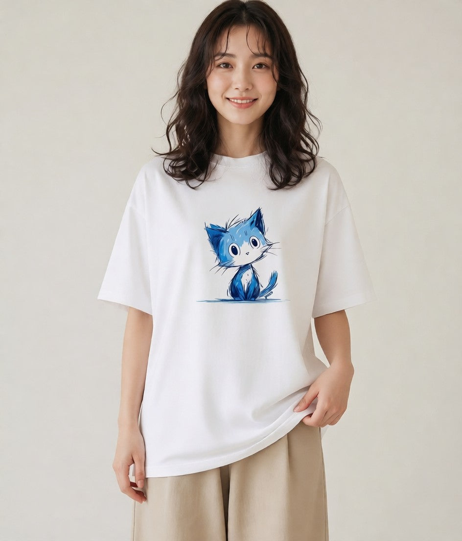 グラフィックTシャツ レディース ロシアンブルー 猫 ねこ イラスト ナチュラル ビーチ デイリーウェア 白T