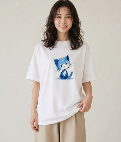 グラフィックTシャツ レディース ロシアンブルー 猫 ねこ イラスト ナチュラル ビーチ デイリーウェア 白T