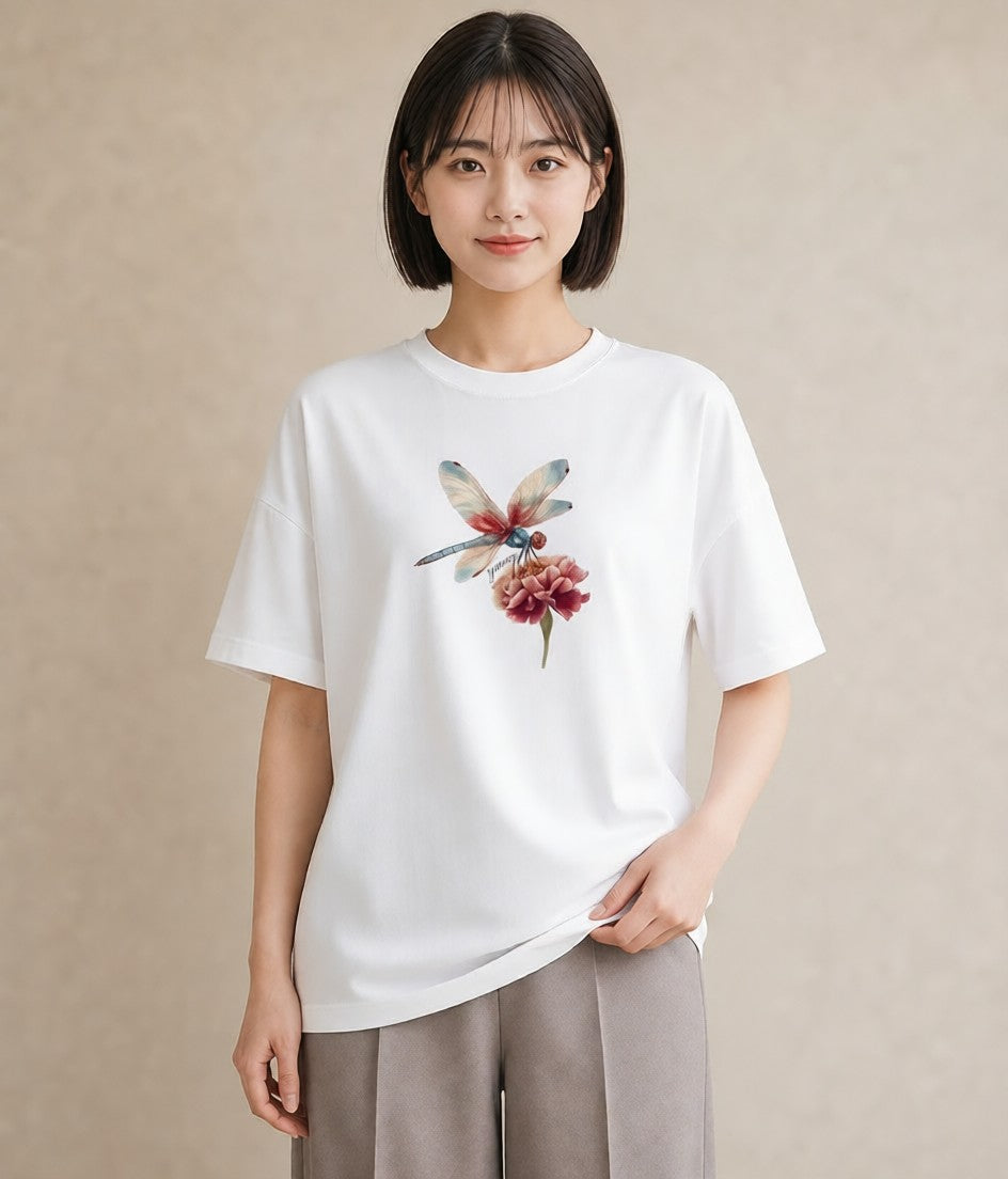 デザインTシャツ レディース とんぼ 昆虫 虫 イラスト ニュアンス 帰省 ラフ 白T