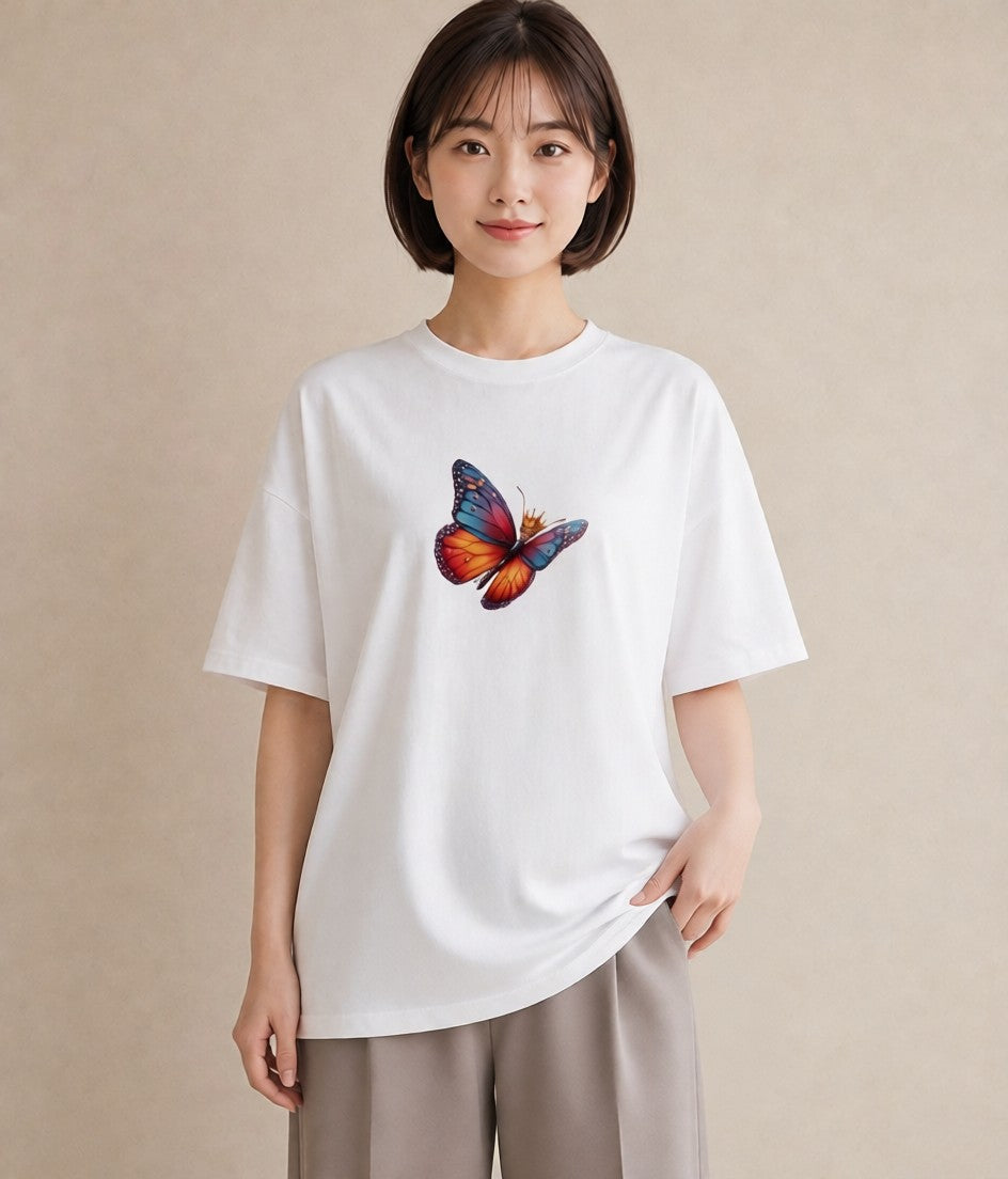 半袖Tシャツ レディース ちょうちょ 蝶 バタフライ 昆虫 虫 イラスト 春服 ミセス 白T