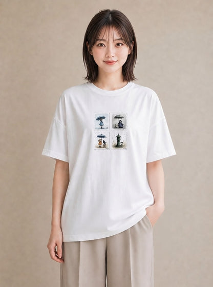 半袖Tシャツ レディース 傘 水たまり 雨 ナチュラル アンティーク イラスト ヴィンテージ風 デイリーウェア 休日 白T