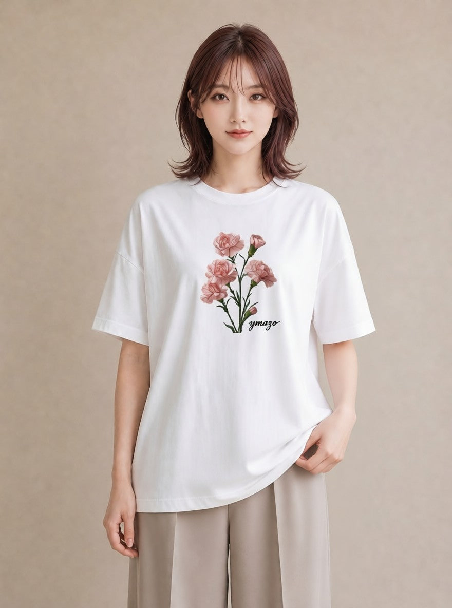 Tシャツ レディース カーネーション 花 花柄 イラスト 北欧風 綿100 デート 白T