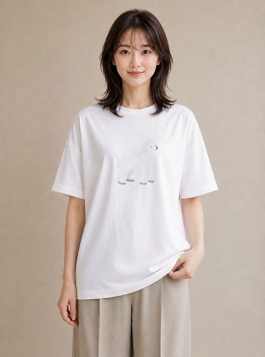 デザインTシャツ レディース ビションフリーゼ 犬 いぬ イラスト ガーリー 休日 ペアコーデ 白T