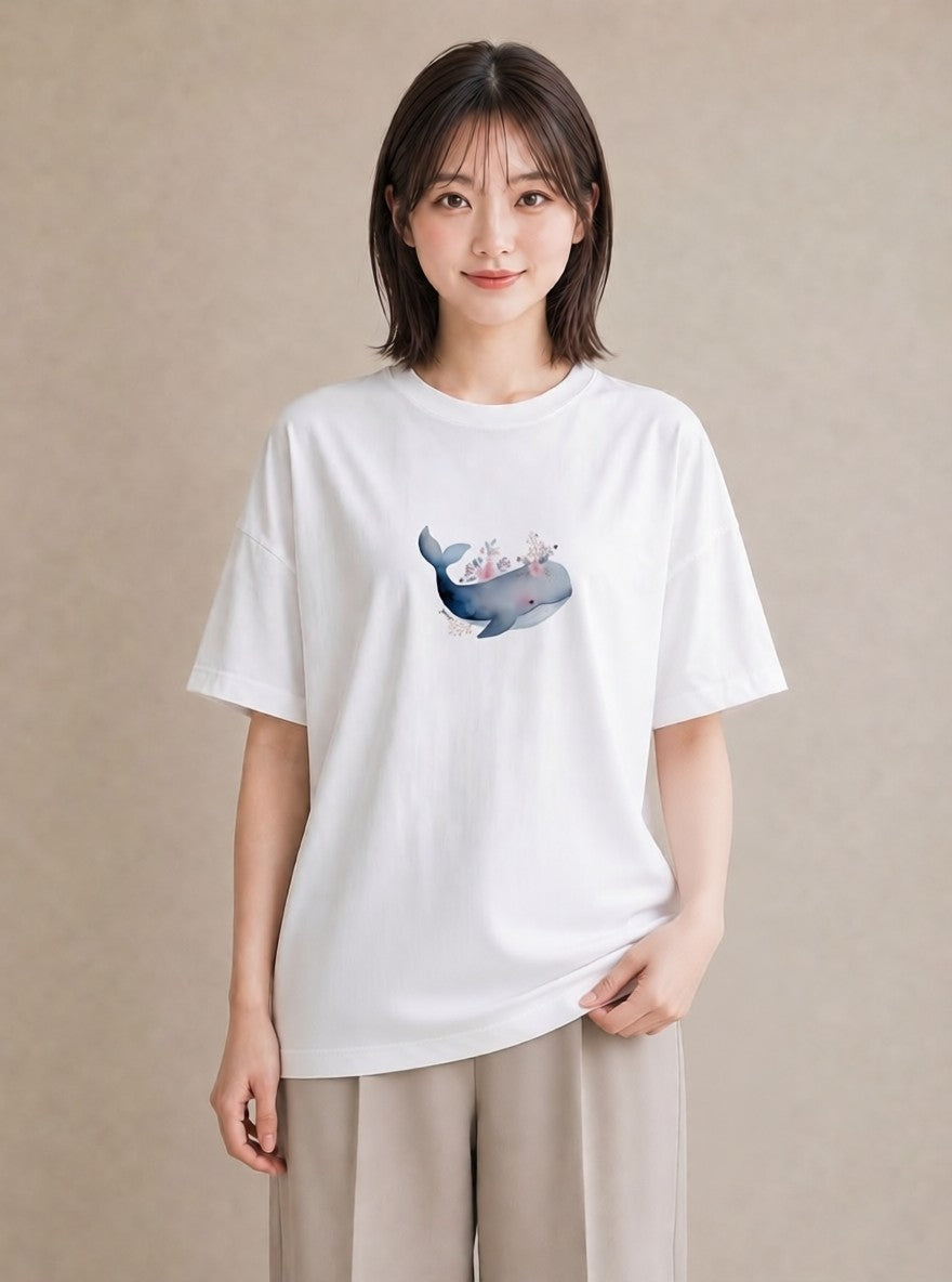 半袖Tシャツ レディース イルカ 海の生き物 海 イラスト 韓国風 夏コーデ 通学 白T