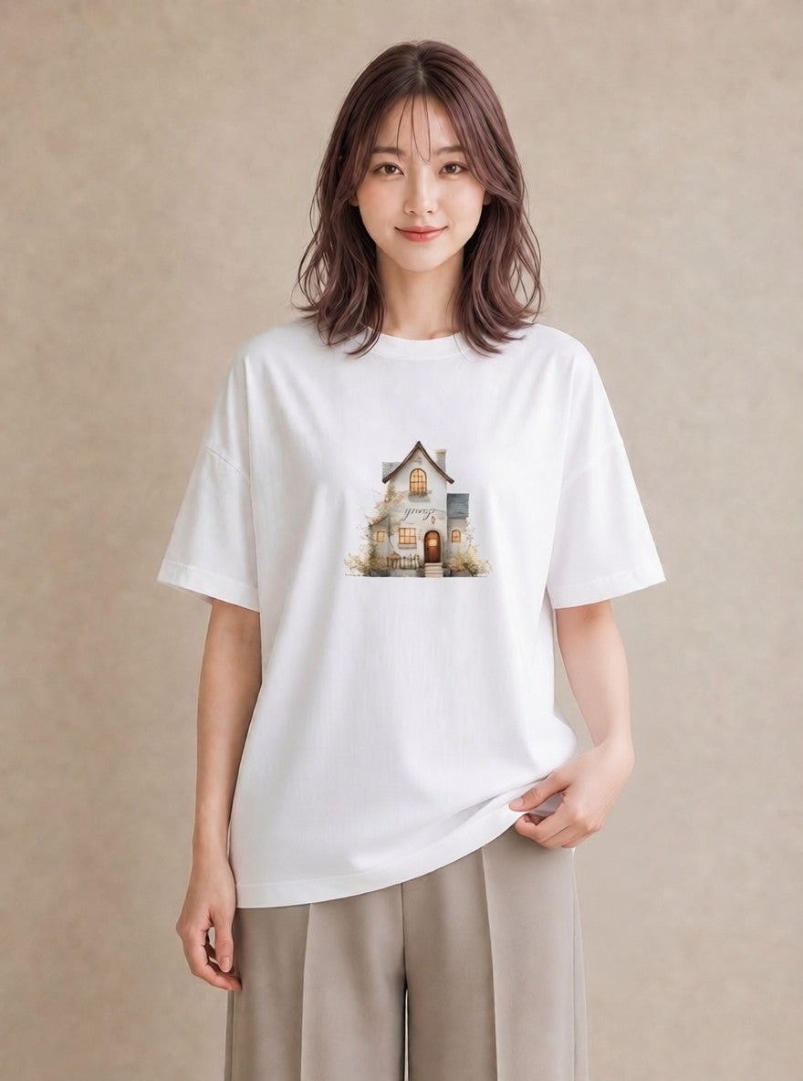プリントTシャツ レディース 湖畔の小屋 湖 小屋 ナチュラル アンティーク イラスト 水彩風 ルームウェア ギフト 白T