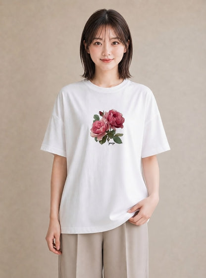 半袖Tシャツ レディース バラ 薔薇 ローズ 花 花柄 イラスト アート風 女性 旅行用 白T