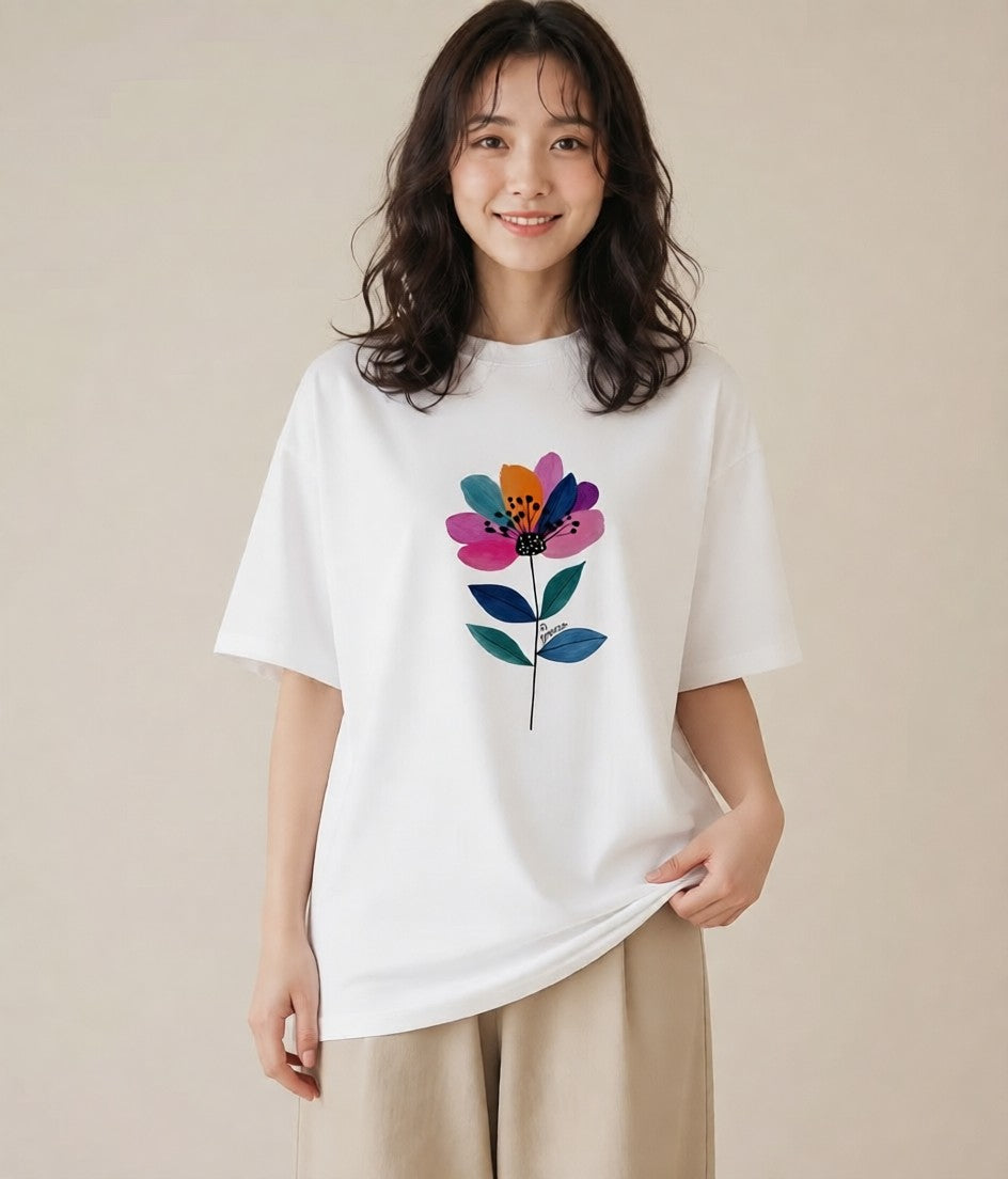 Tシャツ レディース スミレ 花 花柄 イラスト シンプル 海 カフェ巡り 白T