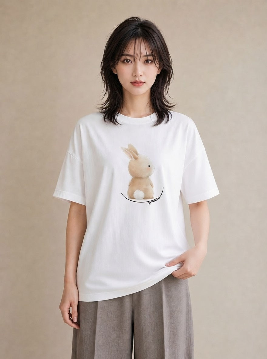 プリントTシャツ レディース うさちゃん ペット 動物 イラスト 韓国風 友達ギフト 部屋着 白T