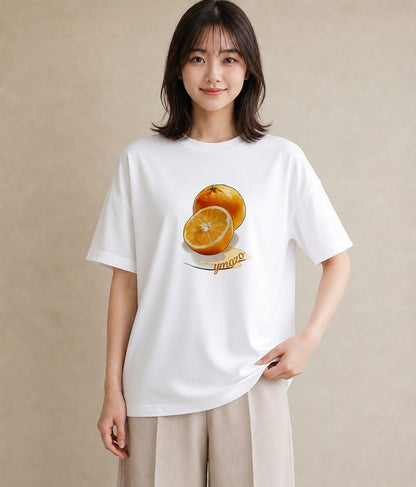 プリントTシャツ レディース みかん 食べ物 フード イラスト 水彩風 カフェ巡り 女子会 白T