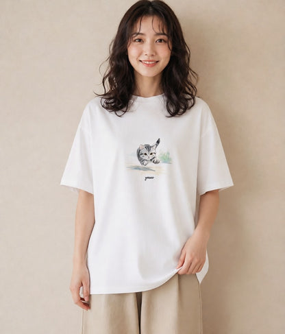 Tシャツ レディース マンチカン 猫 ねこ イラスト ヴィンテージ風 女性向けギフト 散歩 白T