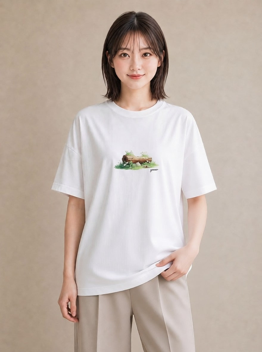 プリントTシャツ レディース 小川 橋 せせらぎ ナチュラル アンティーク イラスト ポップ 通学 誕生日プレゼント 白T
