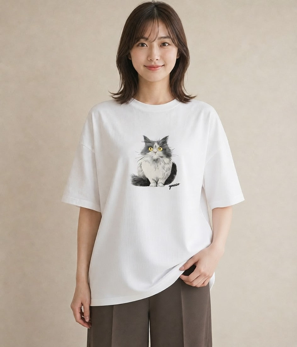 グラフィックTシャツ レディース 猫 ねこ イラスト ミニマル ルームウェア ギフト 白T
